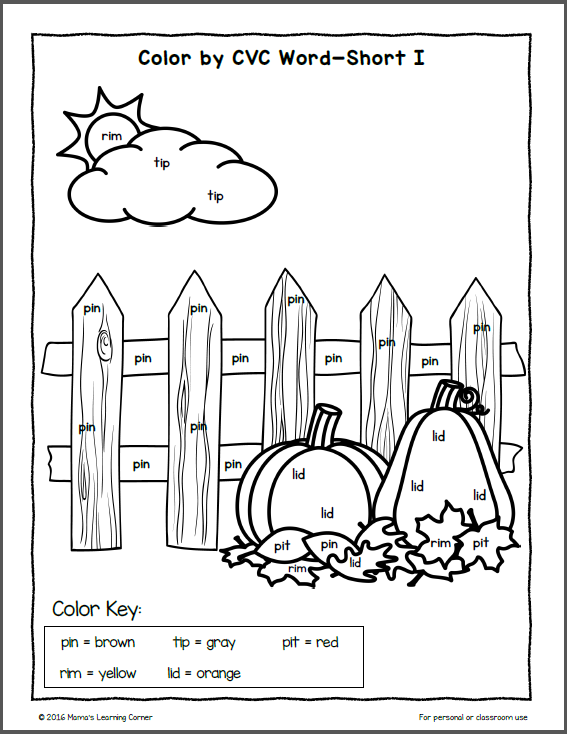 Fall Color By CVC Word Worksheets