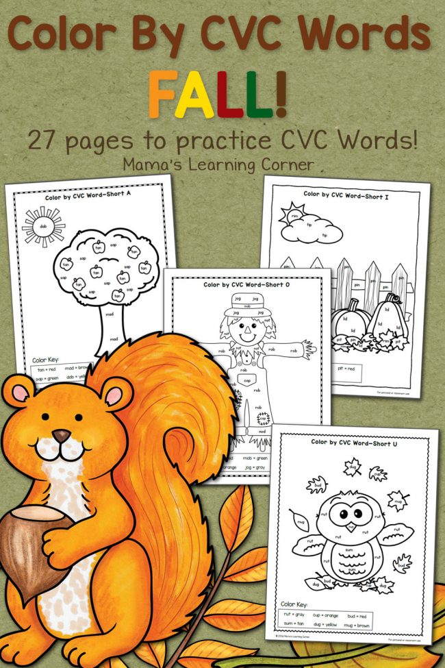 fall color by cvc words worksheet packet with a free download mamas learning corner