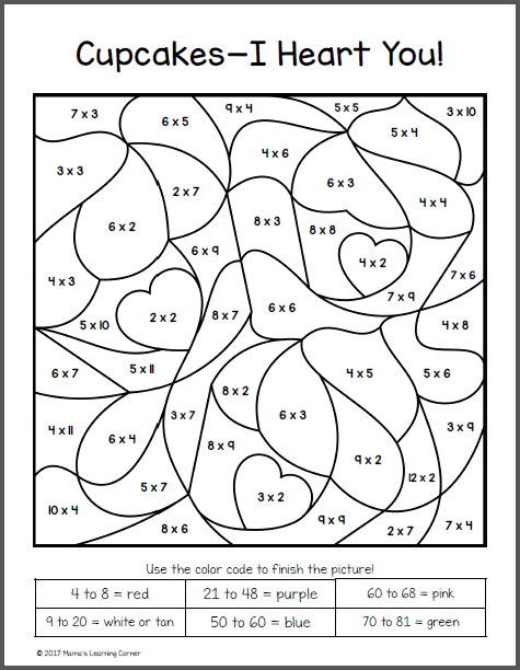 valentines day color by number multiplication worksheets
