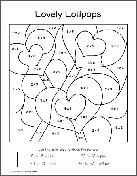 Color By Numbers Multiplication Valentines Day Worksheet