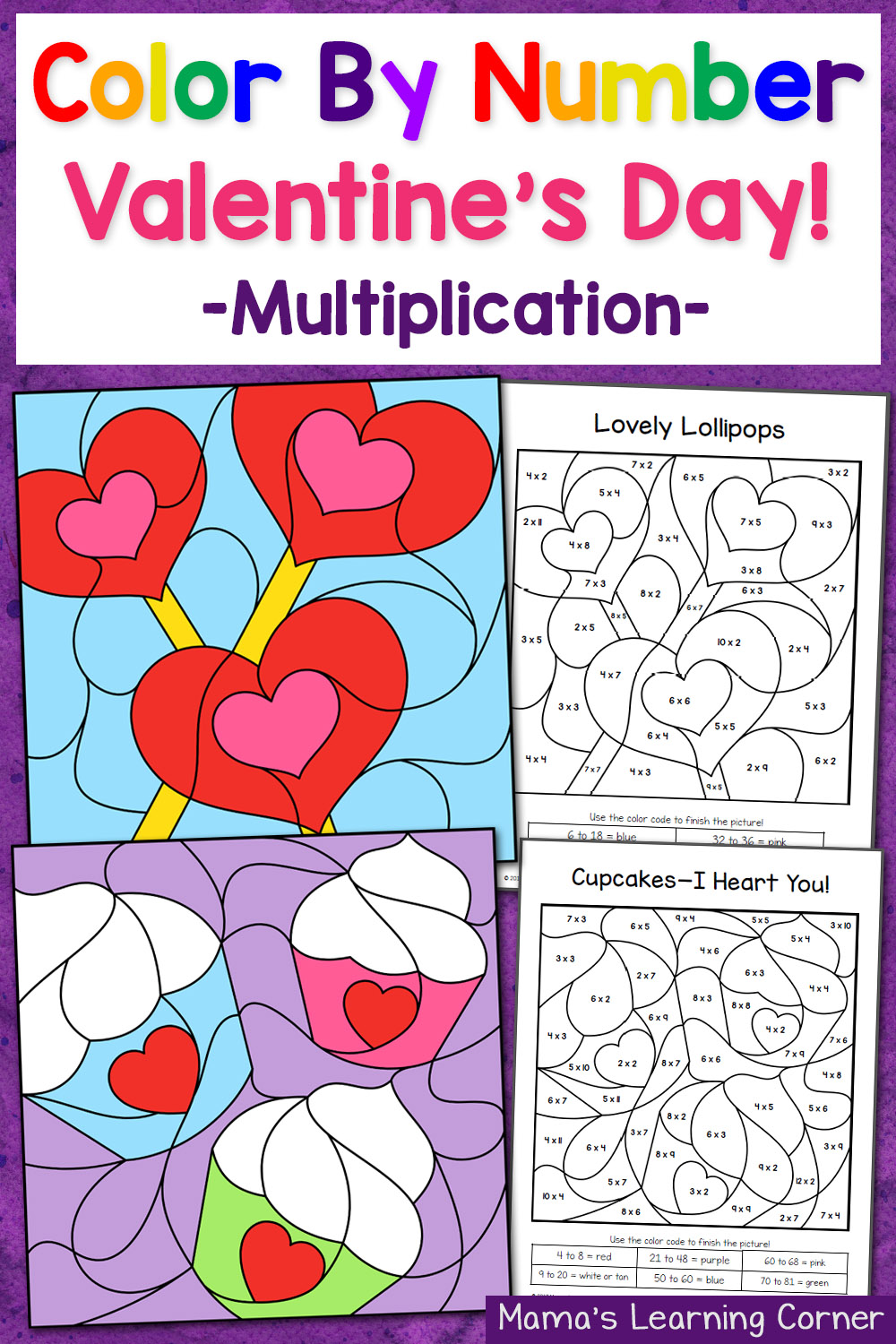 Valentine's Day Color By Number Multiplication Worksheets - Mamas