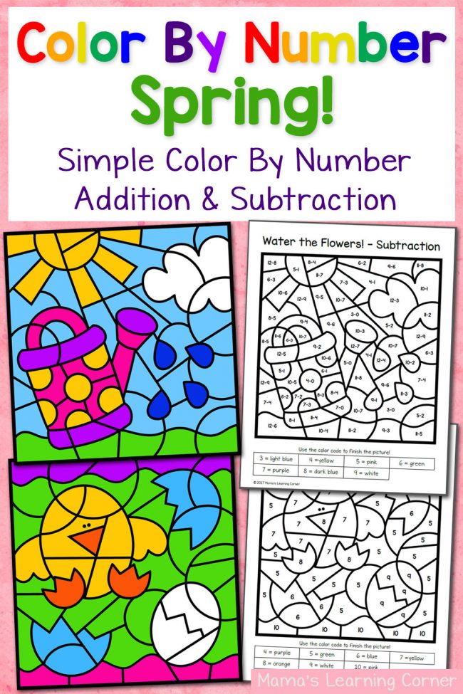 Spring Color By Number Worksheets with Simple Numbers plus Addition and
