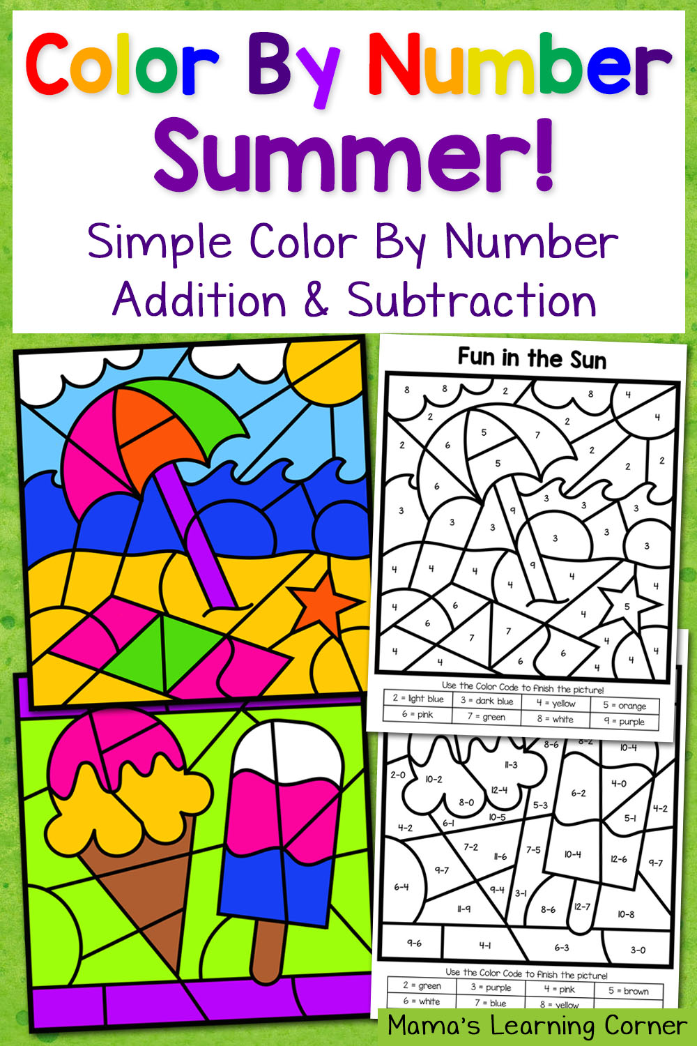 Summer Color By Number Worksheets with Simple Numbers Plus