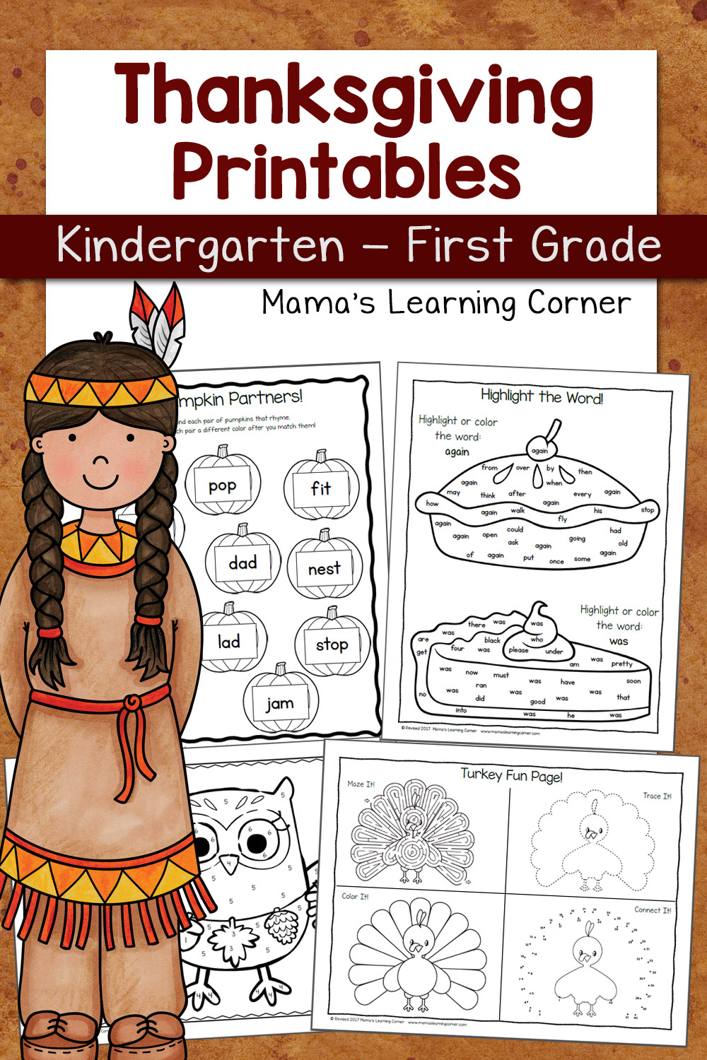 Thanksgiving Worksheet Packet for Kindergarten and First Grade - Mamas