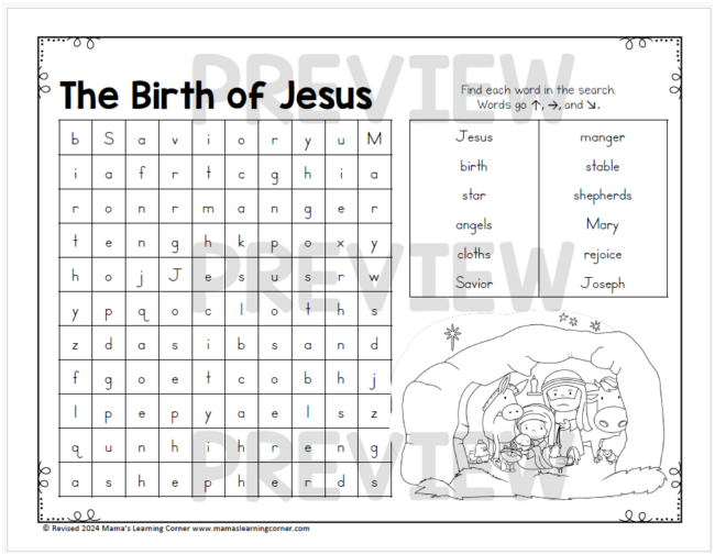 December Word Search Puzzle Packet Birth of Jesus