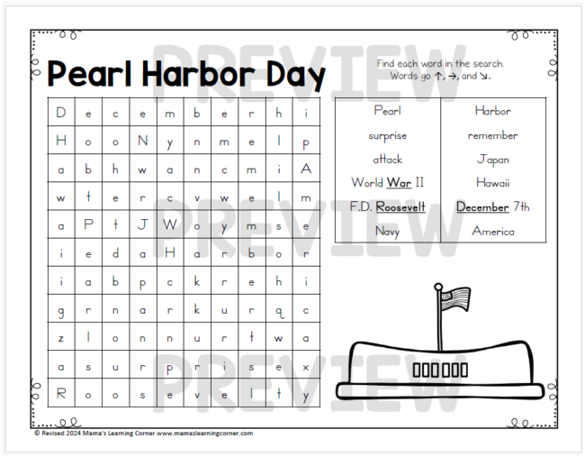 December Word Search Puzzle Packet Pearl Harbor Day
