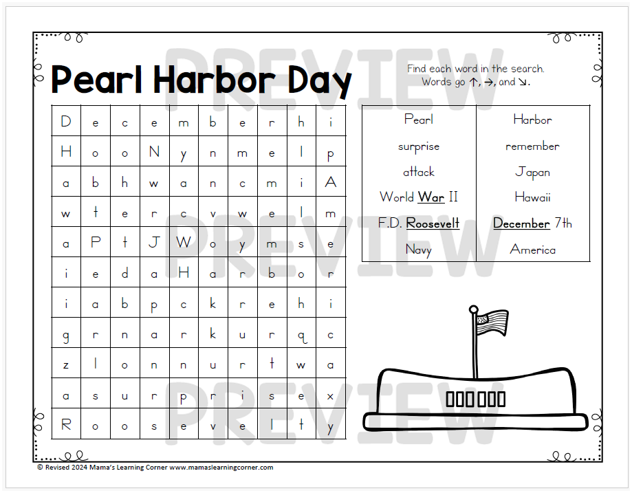 December Word Search Puzzle Packet Pearl Harbor Day - Mamas Learning Corner December Word Search Puzzle Packet Pearl Harbor Day