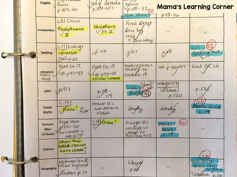 Grades in Homeschool Weekly Planning Sheet