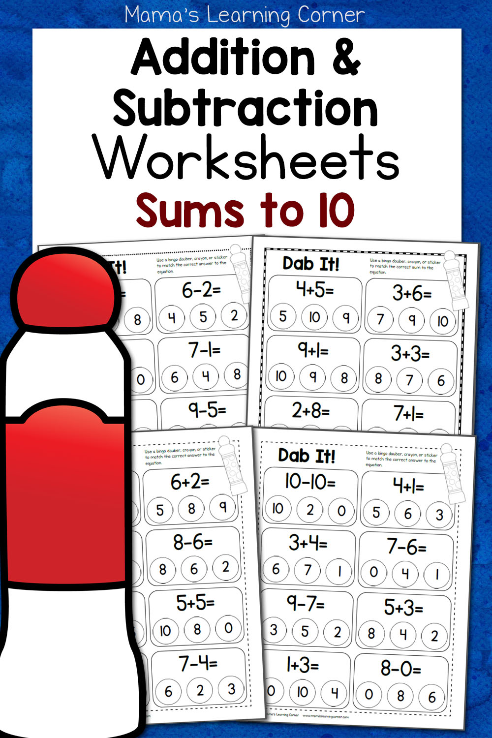 Dab It! Addition and Subtraction Mixed Worksheets