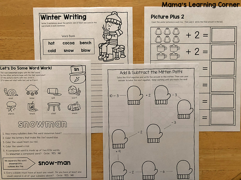 winter worksheets for K and 1st Word Work