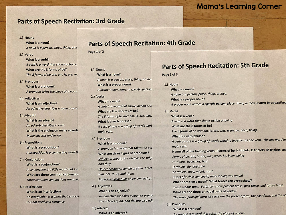 Parts of Speech Recitation Guide by Grade