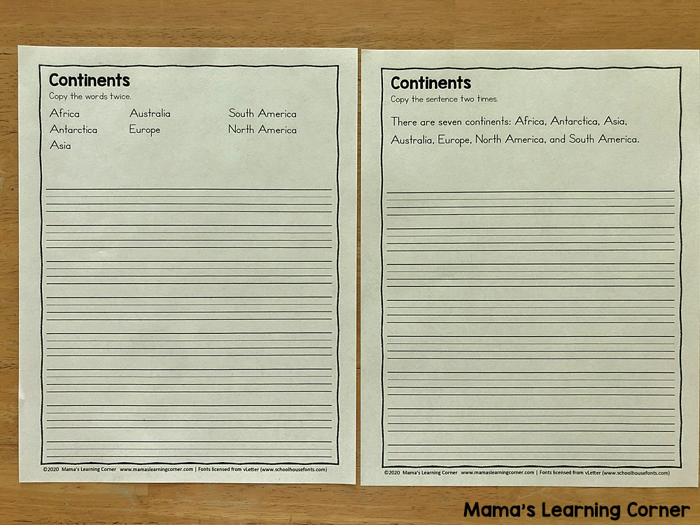 Continents Copywork in Print and Cursive - Mamas Learning Corner Continents Copywork in Print and Cursive