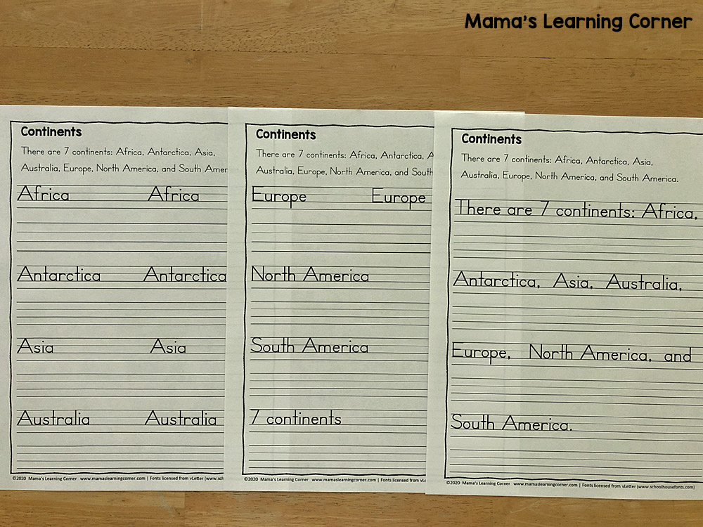Continents Copywork in Print - Mamas Learning Corner Continents Copywork in Print