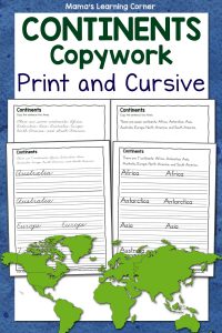 Continents Copywork in Print and Cursive