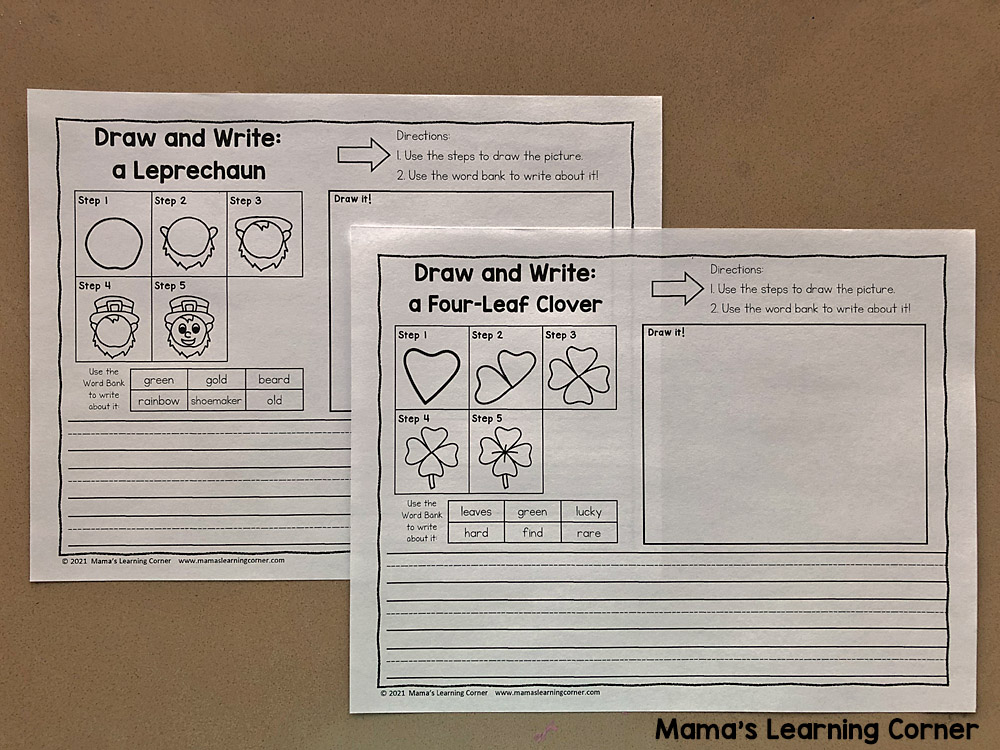 St. Patrick's Day Directed Drawing Worksheets for K-4th Grade - Mamas Learning Corner St. Patrick's Day Directed Drawing and Writing Worksheets
