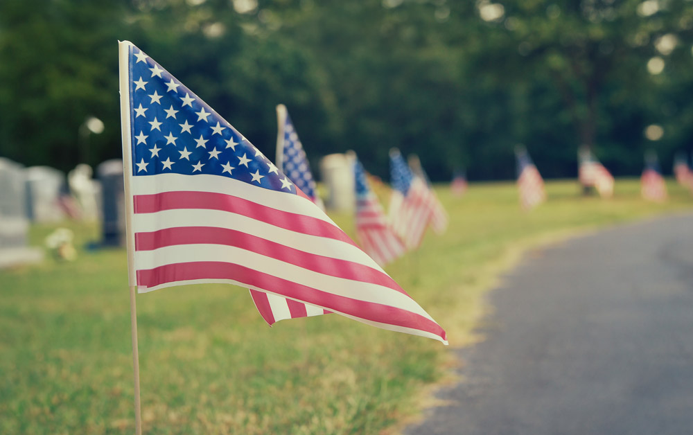 American flags displayed at a cemetery on Memorial Day