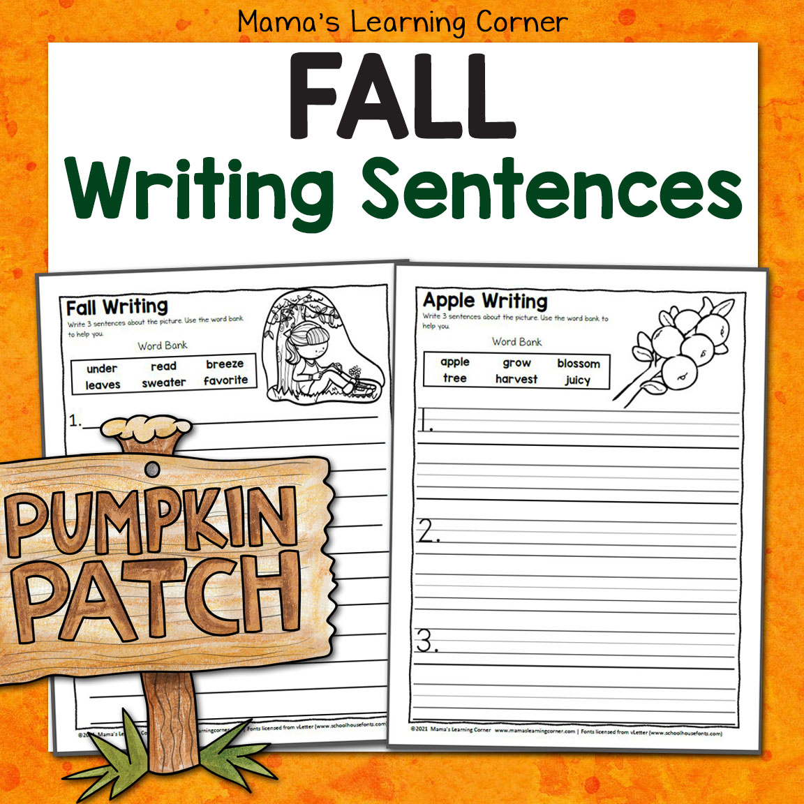 Fall Writing Sentences Worksheets 8x8
