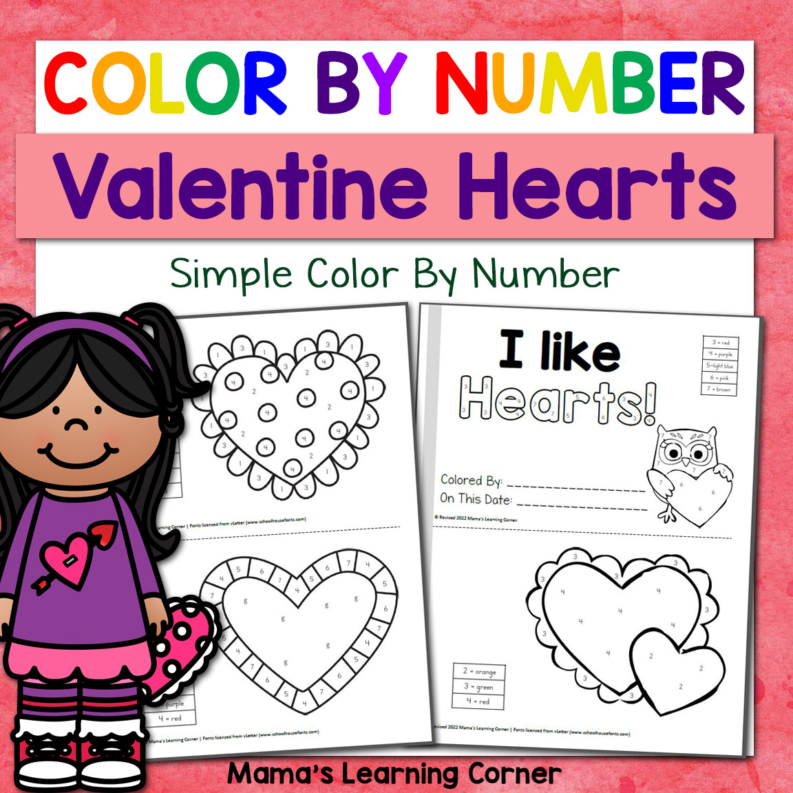 Color By Number Valentines Day Hearts