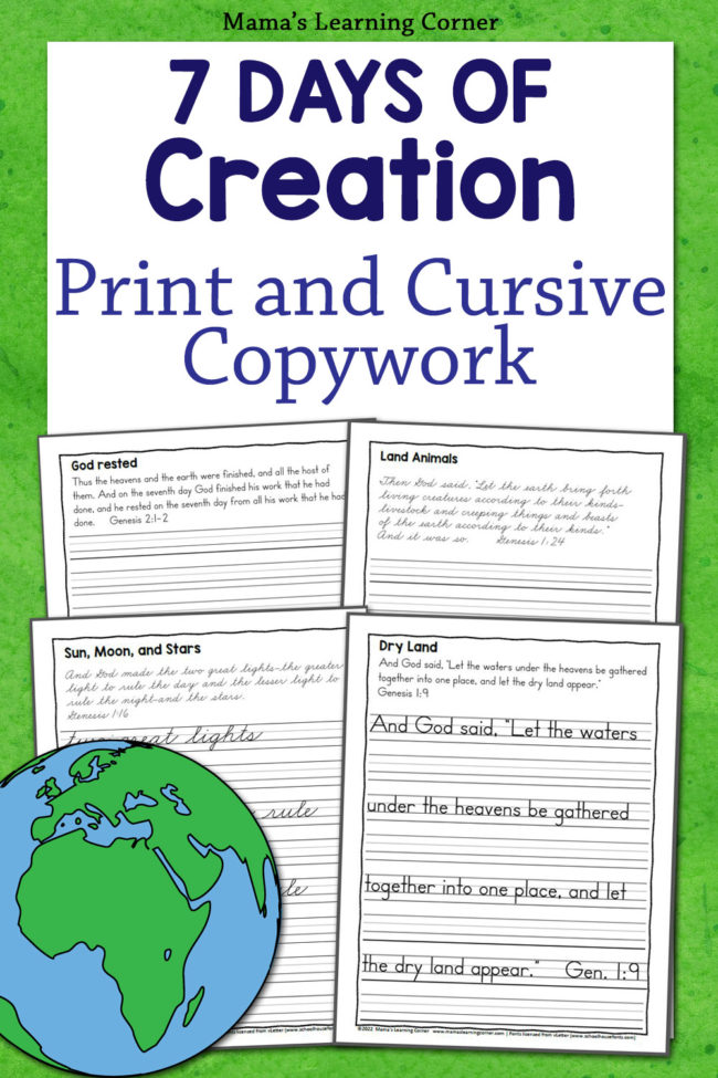 7 Days of Creation Copywork Print and Cursive