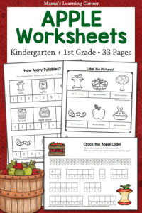 Cover for Mama's Learning Corner Apple Worksheets: 33-page pack for Kindergarten and 1st Grade, featuring sample black-and-white worksheets with apples and baskets.
