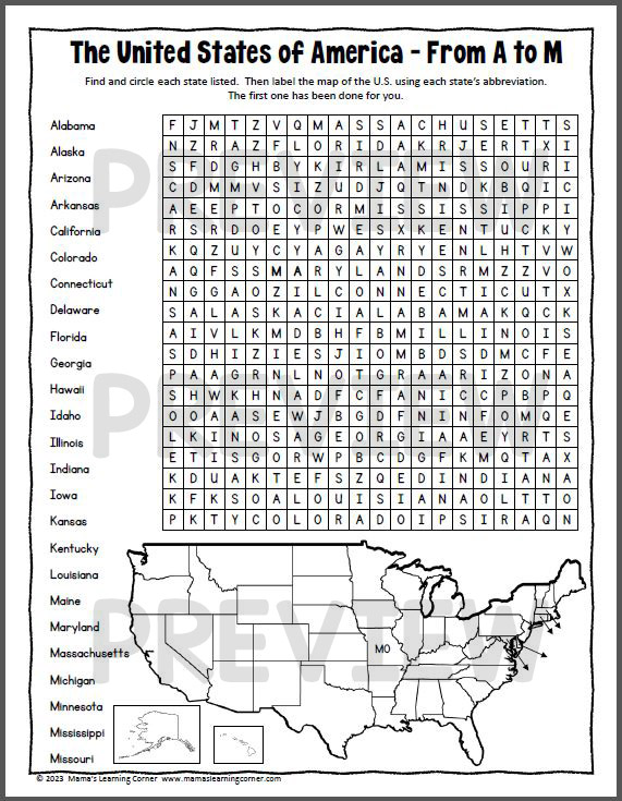 United States Word Search Packet Mamas Learning Corner