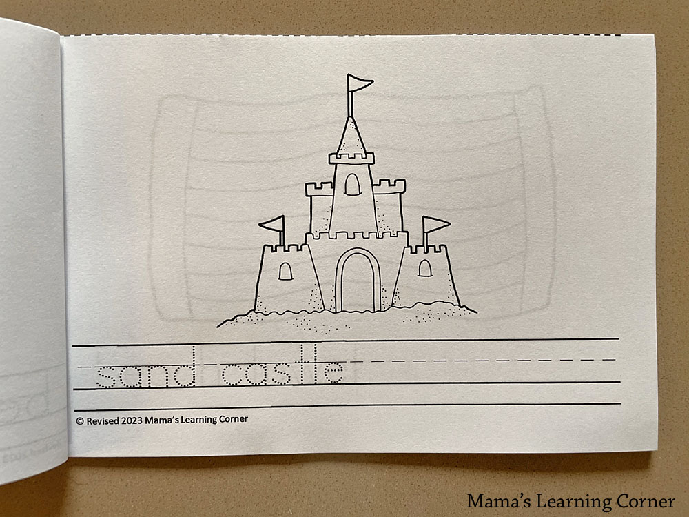 Summer Coloring Pages Beach 1 - Mamas Learning Corner Beach coloring page with sand castle and handwriting lines