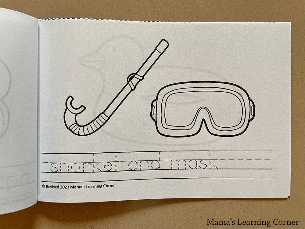 Printable pool coloring page with snorkel and mask