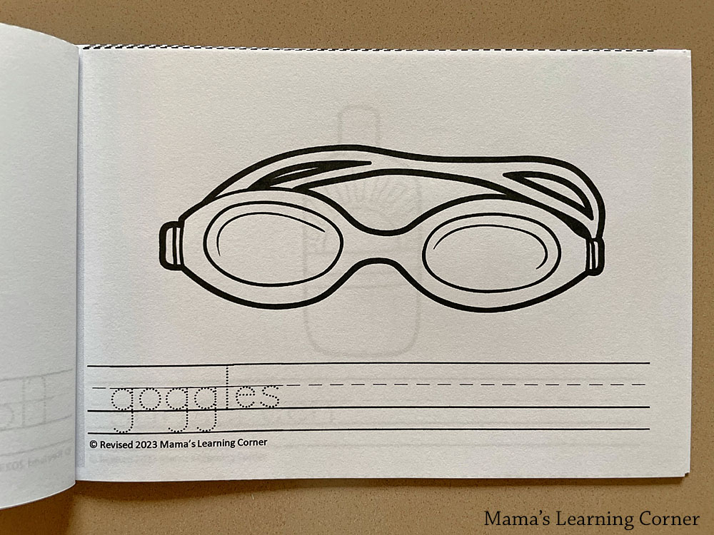 Summer Coloring Pages At the Pool - Mamas Learning Corner Pool coloring page with goggles and traceable word