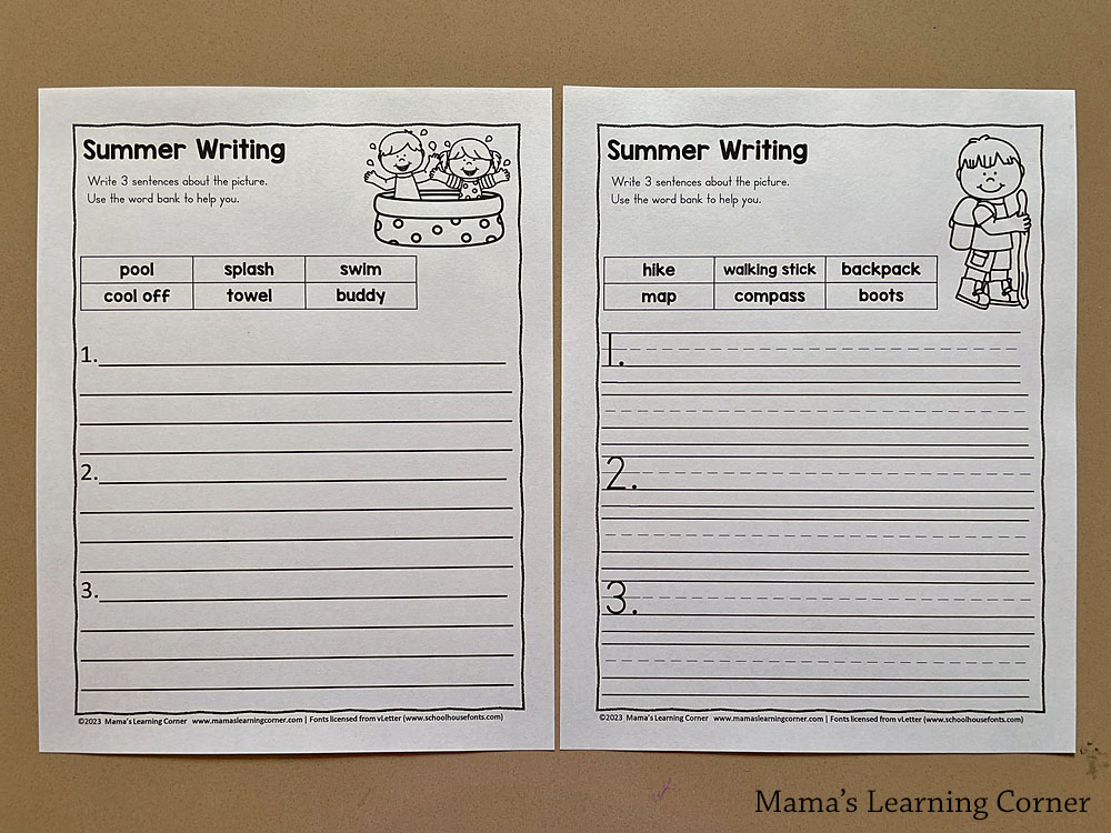 summer sentence writing worksheets with primary and plain lines