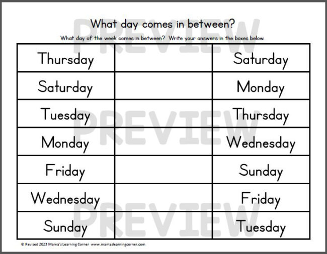 Days of the Week Worksheets