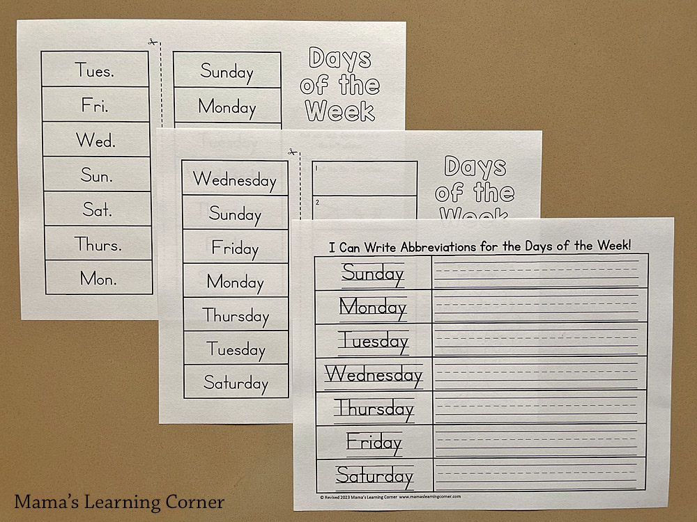Days of the Week Activities for Kids - Cut and paste in order and write the abbreviations