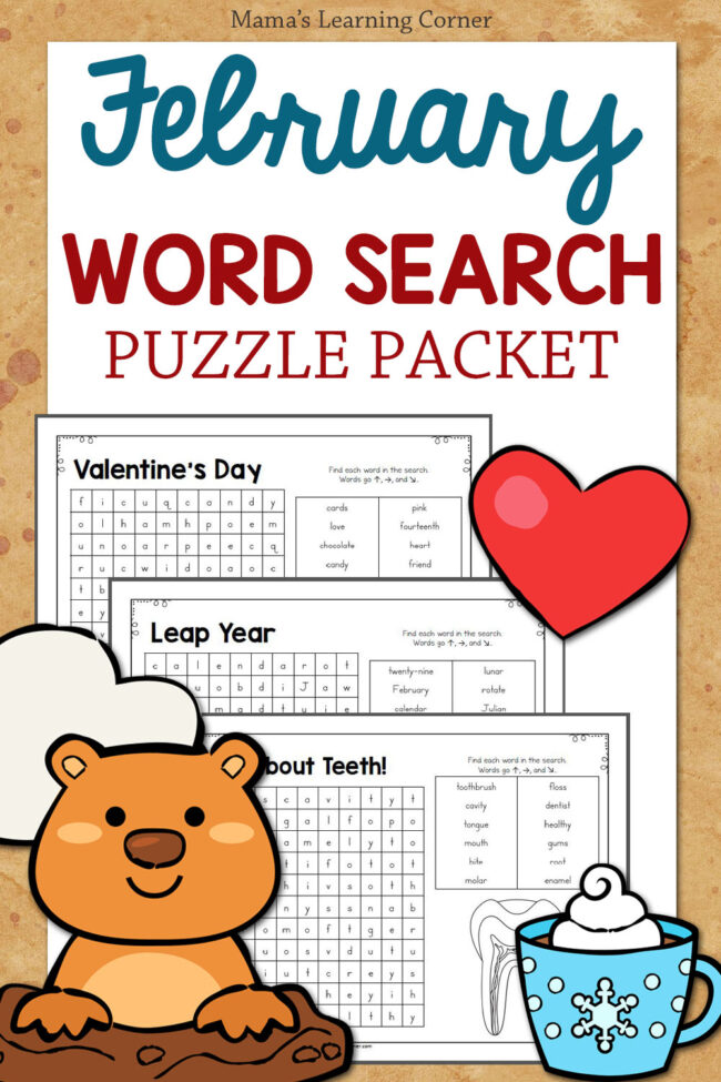 February Word Search Printable with 10 puzzles of various themes