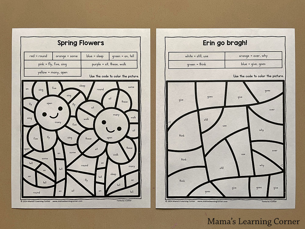 March Color by Code Sight Word Worksheets