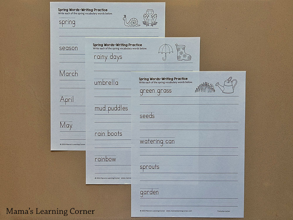 Spring Handwriting Worksheets in print and cursive