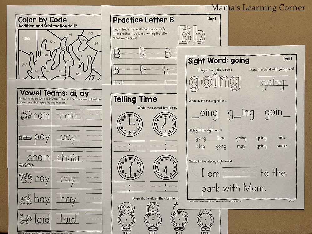1st Grade Weekly Worksheet Packet Number 1 Color by Code - Mamas Learning Corner 1st grade summer worksheets week 1 with color by code, vowel teams, and telling time practice