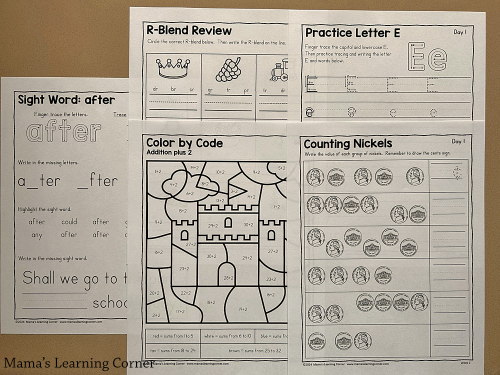 1st Grade Weekly Worksheet Packet Number 2 - Mamas Learning Corner Printable Summer Packets for 1st Grade with R-Blend practice, counting coins, sight words, color by code, and handwriting practice