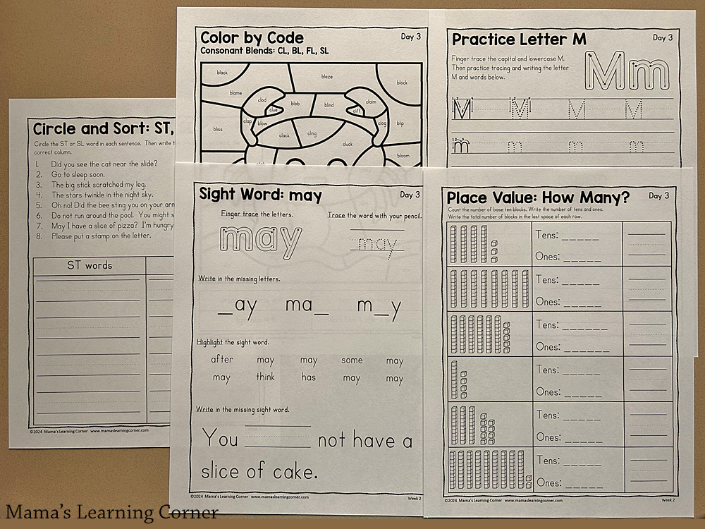 1st grade summer worksheets week 2- sight words, color by code, consonant blends, place value, and more
