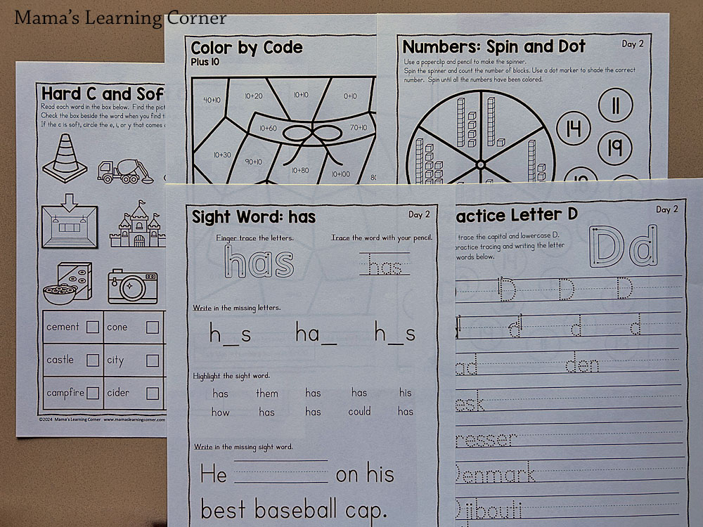 Printable 1st Grade Worksheet Packet with Hard and Soft C, Sight words, and adding 10
