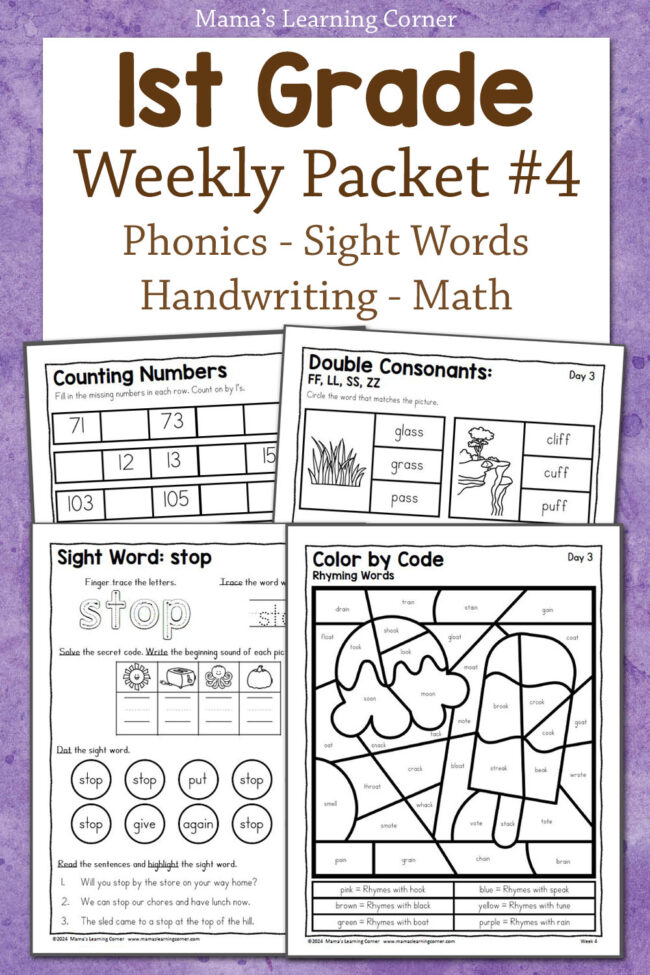 1st Grade Weekly Worksheet Packet Number - Mamas Learning Corner 1st Grade Worksheets Packet with counting numbers, double consonants, sight words, rhyming words, and more