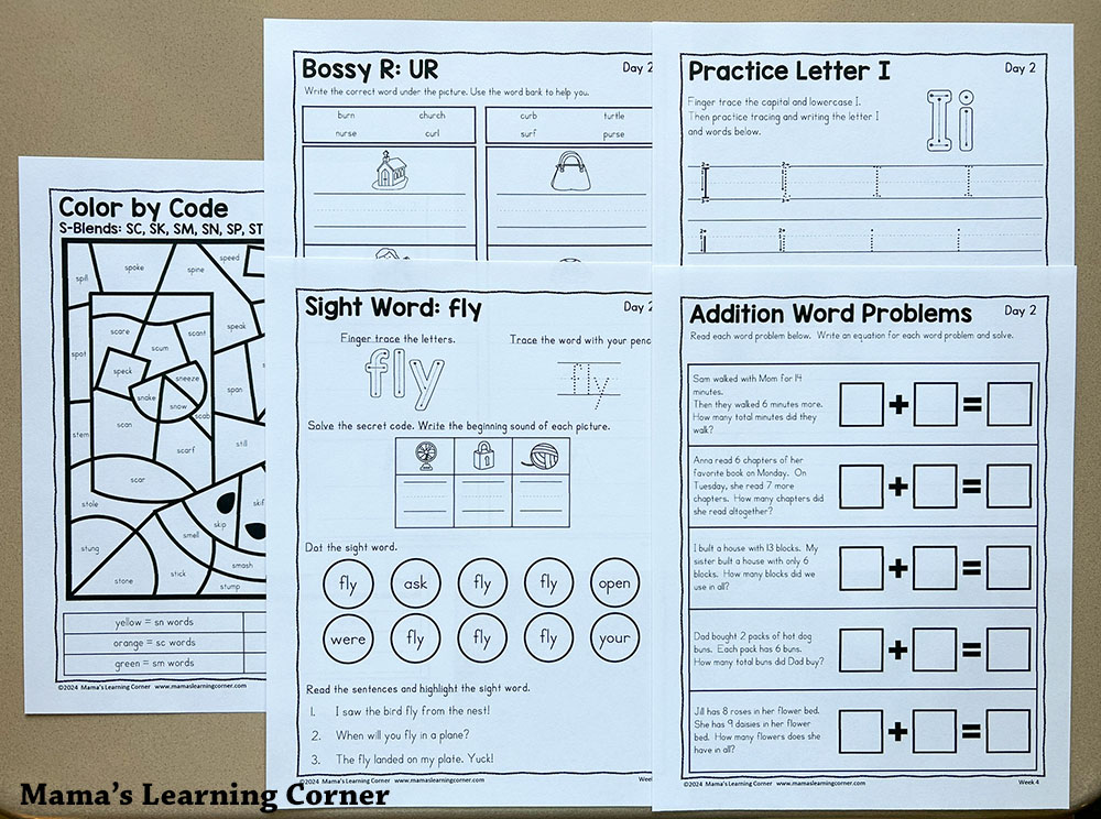 1st Grade Weekly Worksheet Packet Number 4 Addition Word Problems Sight Words copy - Mamas Learning Corner 1st grade summer worksheets week 4 with Bossy R practice, S-Blend practice, addition word problems, and sight words