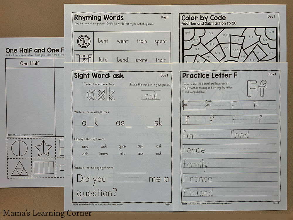 1st Grade Weekly Worksheet Packet Number 4 Handwriting and Sight Words - Mamas Learning Corner 1st grade summer worksheets week 4 with sight words, color by code, fractions, rhyming words, and handwriting practice