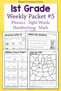 1st Grade Weekly Worksheet Packet with Math and Phonics