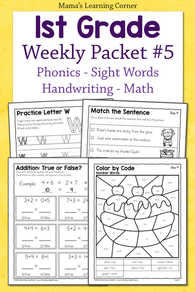 1st Grade Weekly Worksheet Packet with Math and Phonics - Mamas Learning Corner 1st Grade Worksheets Packet with Number Words, addition equations, reading comprehension, and more.