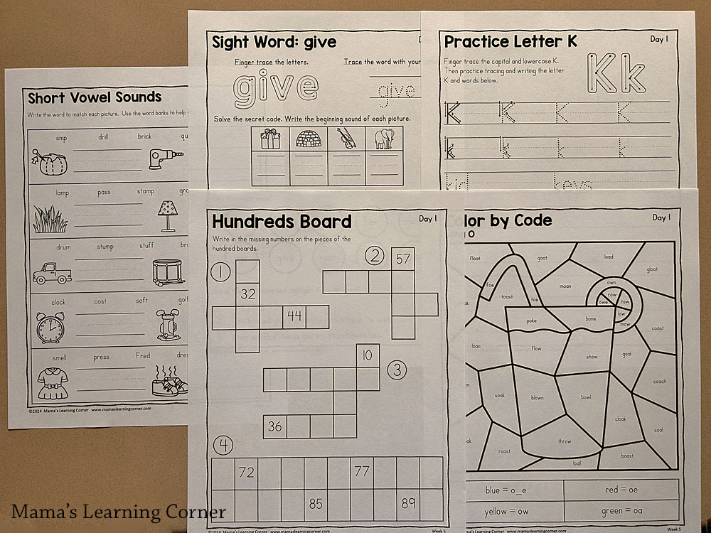 1st Grade Weekly Worksheet Packet Number 5 Phonics and Math - Mamas Learning Corner Printable 1st Grade Worksheet packet with short vowel sounds, hundreds board and color by code