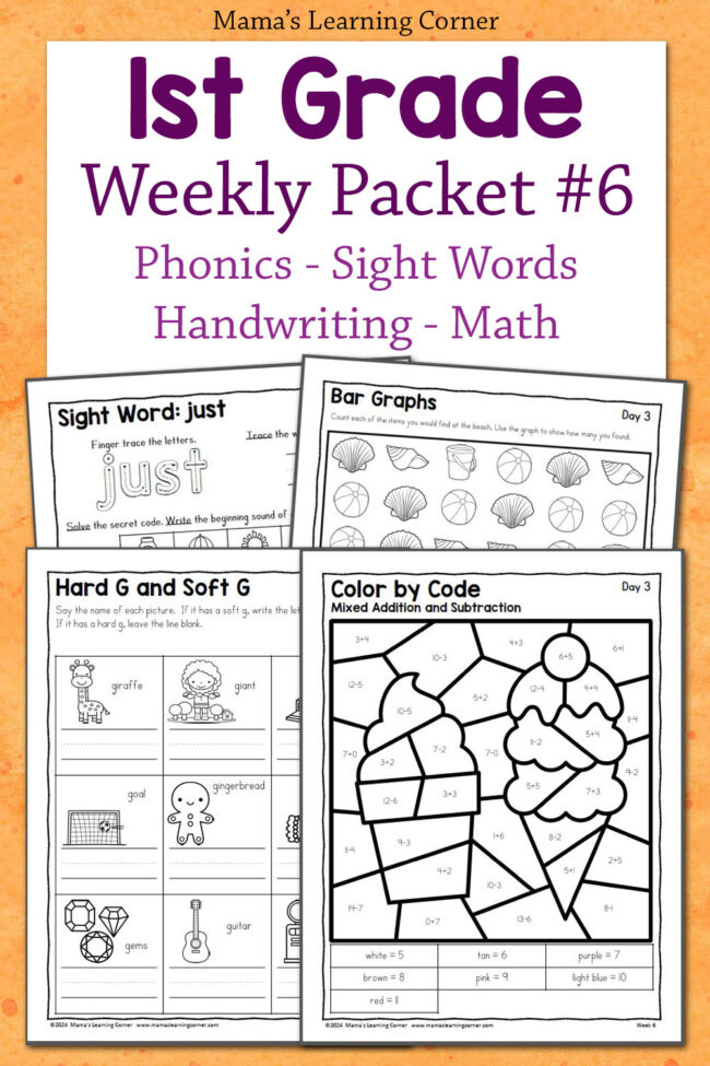 1st Grade Weekly Worksheet Packet Number 6 - Mamas Learning Corner 1st Grade Worksheets Packet with Hard G and Soft G, mixed addition and subtraction, bar graphs, and more