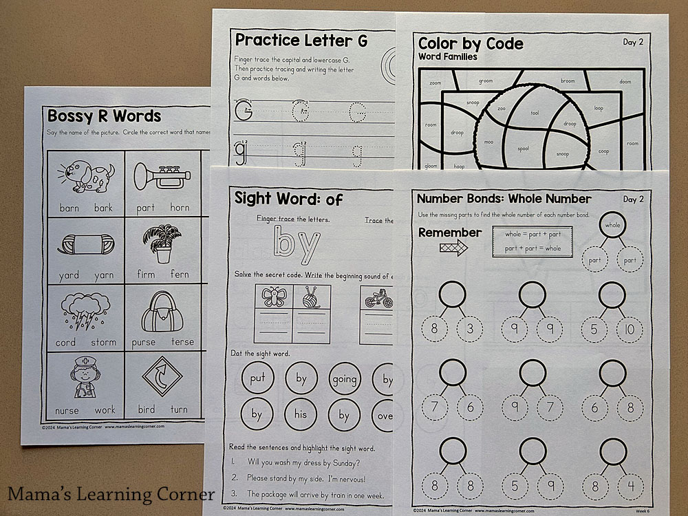 printable 1st grade worksheet packet with Bossy R words, number bonds, and word families
