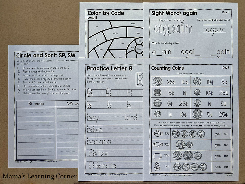 printable 1st grade worksheet packet with counting coins, sight words, and long E words