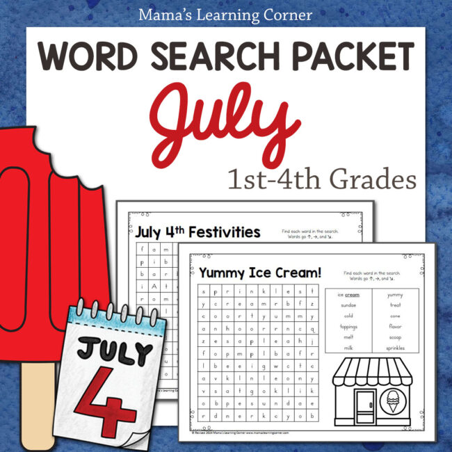 July word search packet with 10 puzzles and answer key