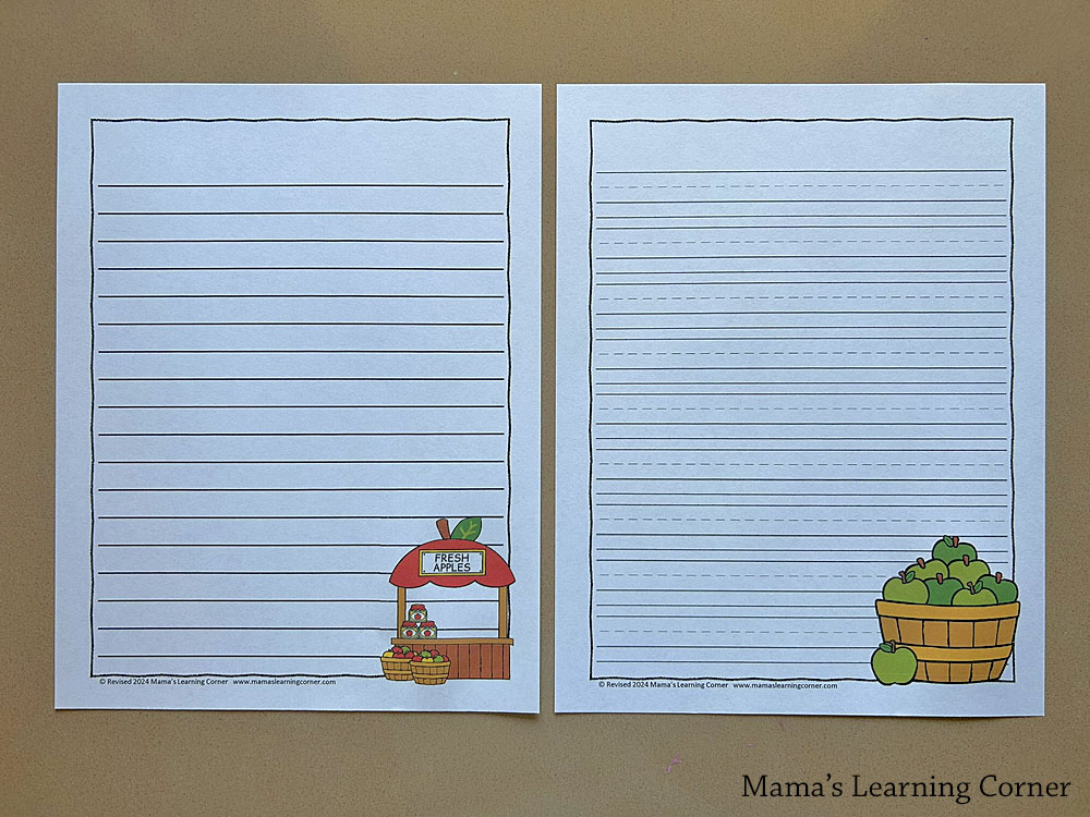 Blank Apple Writing Papers - Mamas Learning Corner Blank Apple Themed Writing Pages for Kids - a variety of uses including journaling, spelling lists, and more