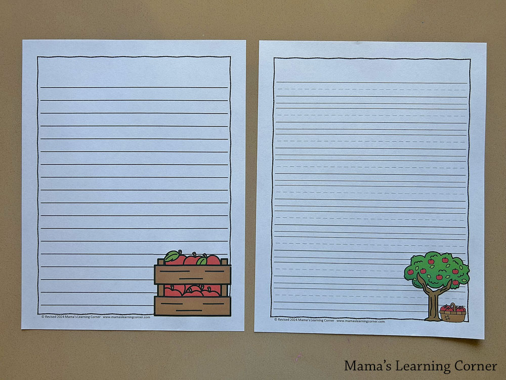 Blank Apple Writing Papers - Mamas Learning Corner Blank Apple Themed Writing Pages for Kids - a variety of uses including journaling, spelling lists, and more